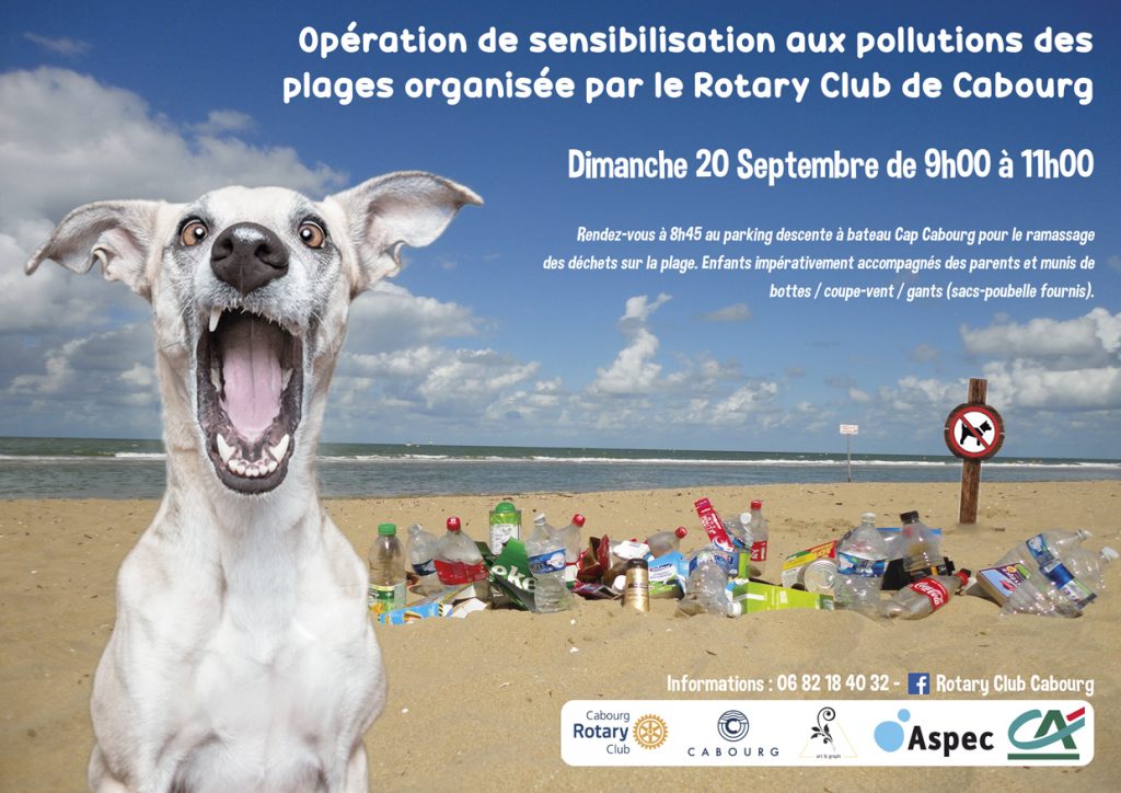 Visuel pour une opération de sensibilisation contre la pollution des plages.
Auprès des enfants de l'école Saint-Louis de Cabourg et organisée par le Rotary club Cabourg.